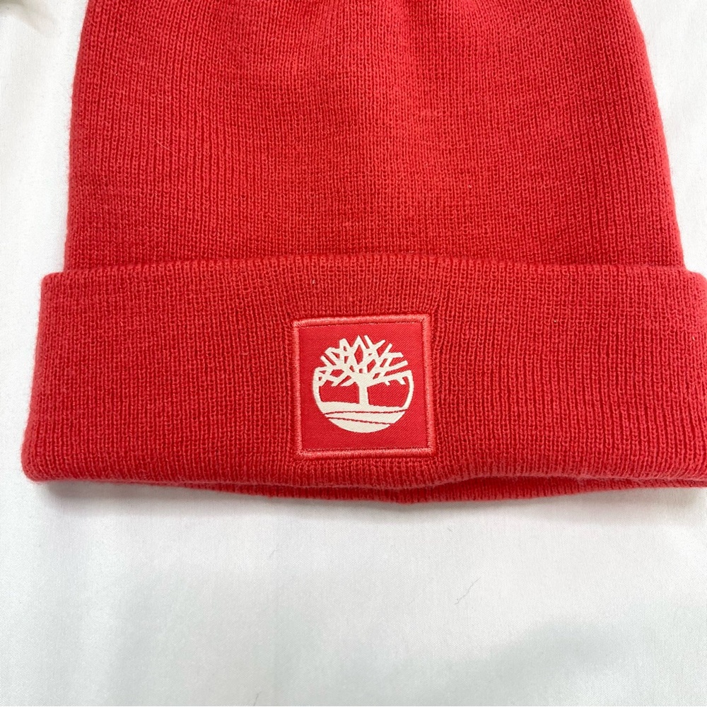 Timberland Tonal Patch Cuffed Pink Salmon Peach Knit Winter Beanie Toque Hat - Picture 2 of 4
